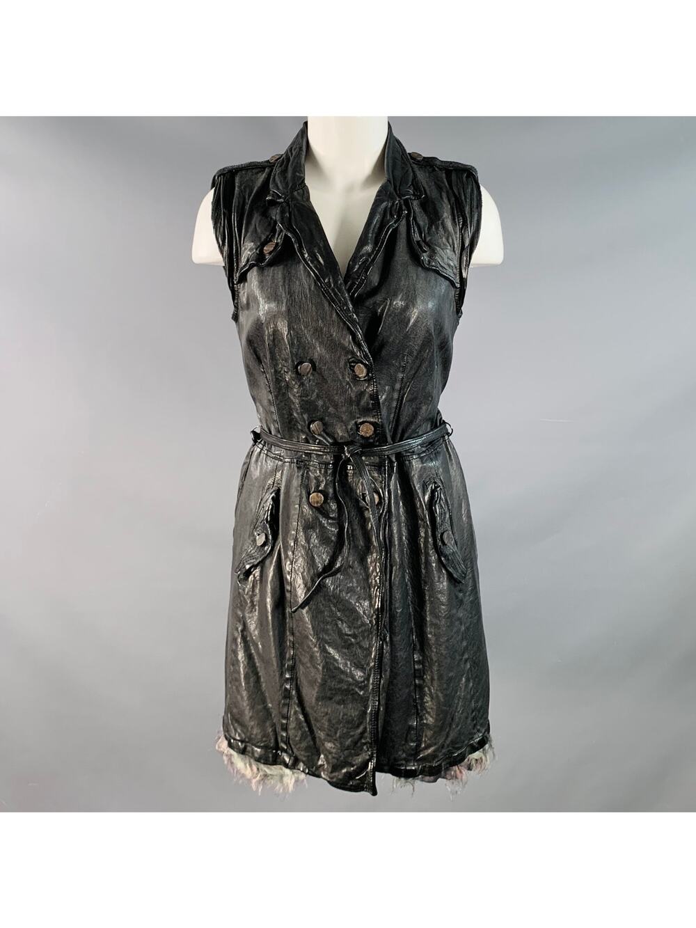 GIORGIO BRATO Size 6 Black Leather Double Breasted Belted Longline Vest